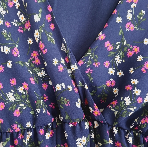 Altar'd State Navy Floral Mini Dress Cute Vneck Raw Hem Tiered Tea Garden Party - Picture 5 of 11